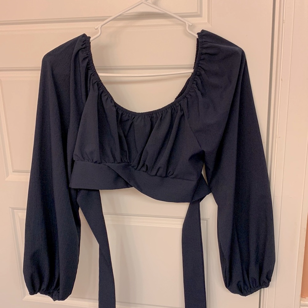 Navy Blue Wrap/Off Shoulders Crop Top
